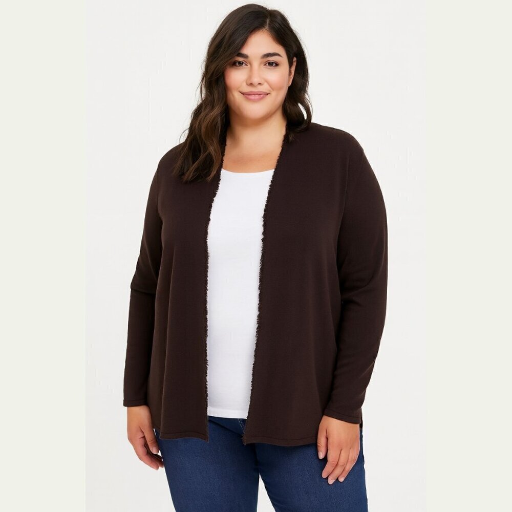 Eileen Fisher 100% Italian Wool Brown Open Fringe Trim Cardigan Sz L